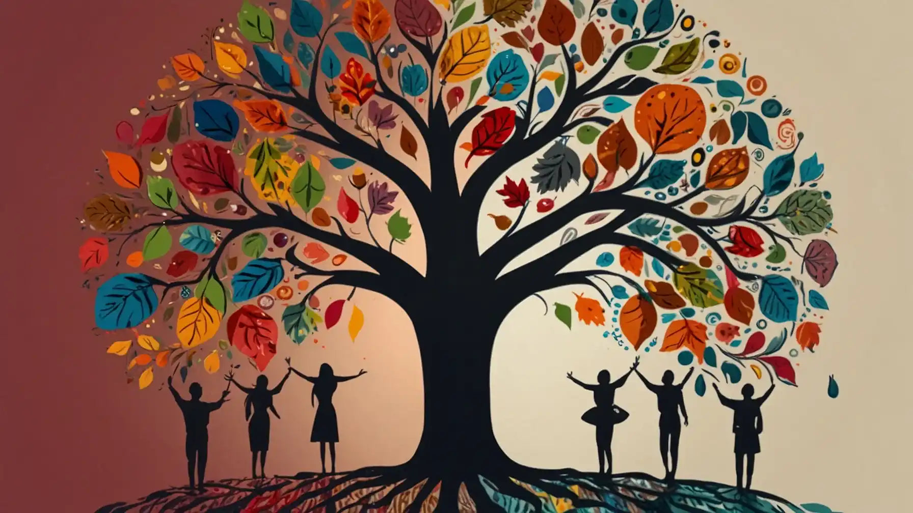 Colorful tree of life with silhouetted figures.