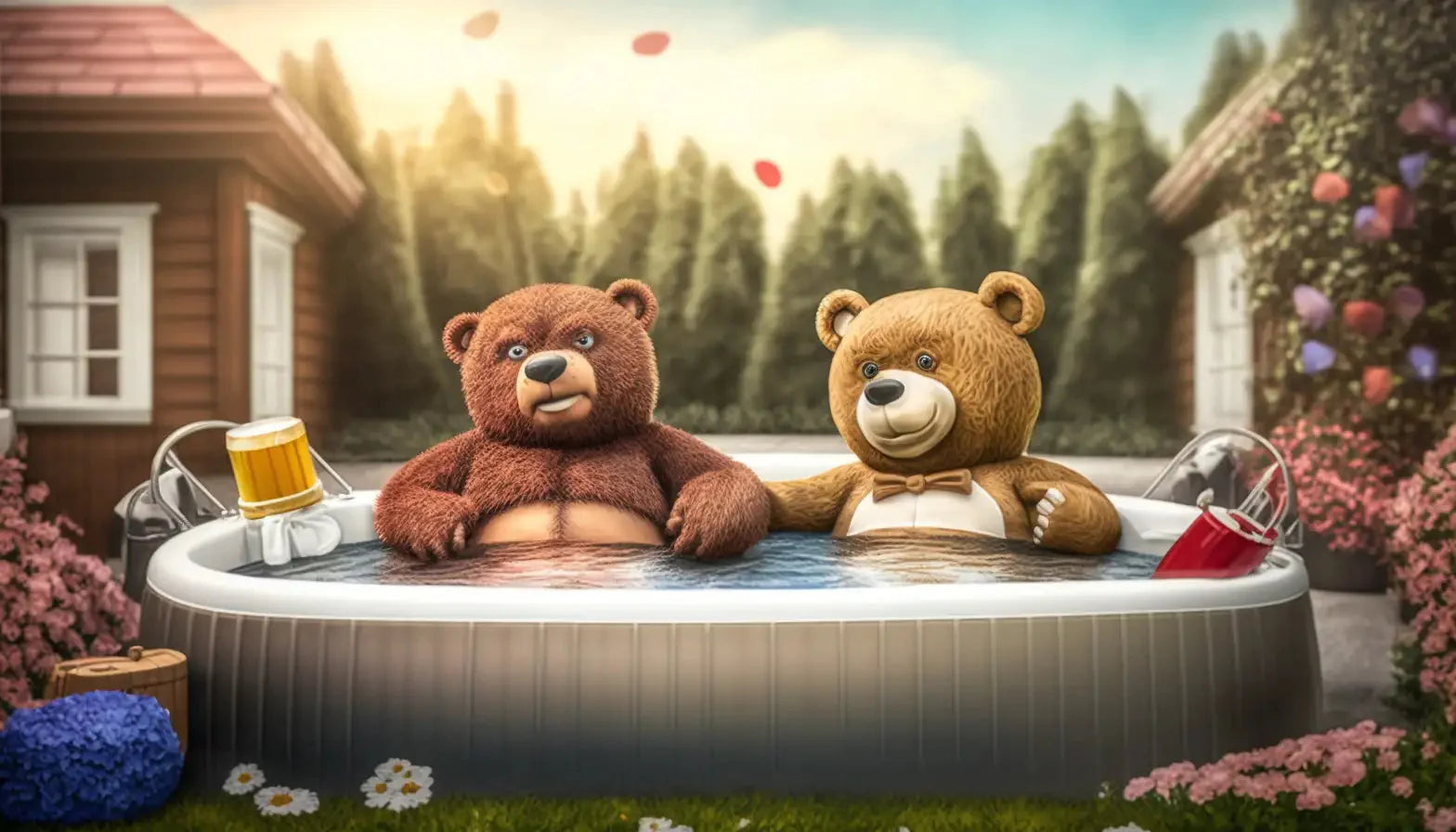 Two stuffed teddy bears relaxing in a hot tub with Cwtch Lifestyle Accessories cwtchy covers
