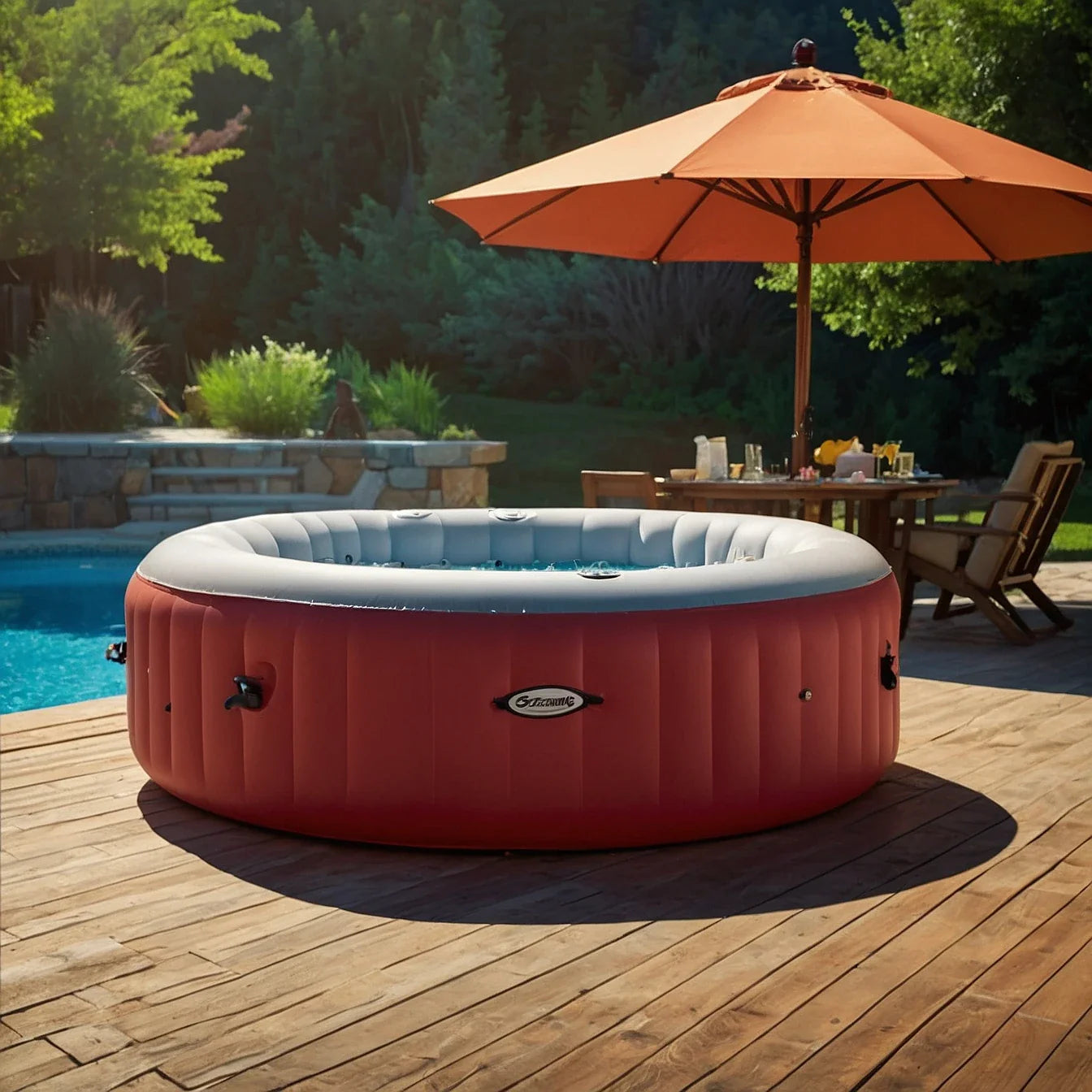 Inflatable red and white hot tub on wooden deck with gazebo replacement covers for outdoor space aesthetic