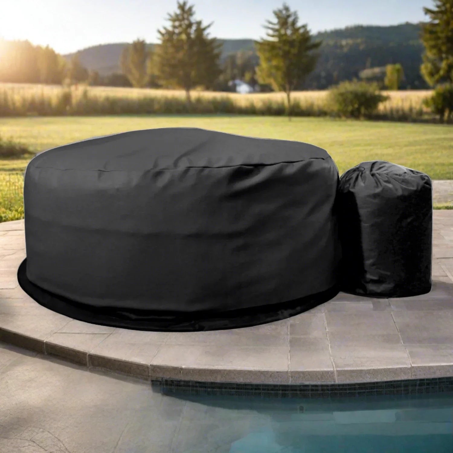 Circular black waterproof cover for outdoor hot tub or inflatable hot tub protection