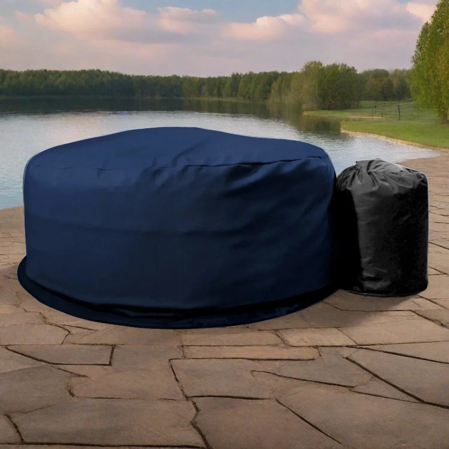 Covered circular hot tub with storage bag in Canadian spa collection, insulated hot tub cover