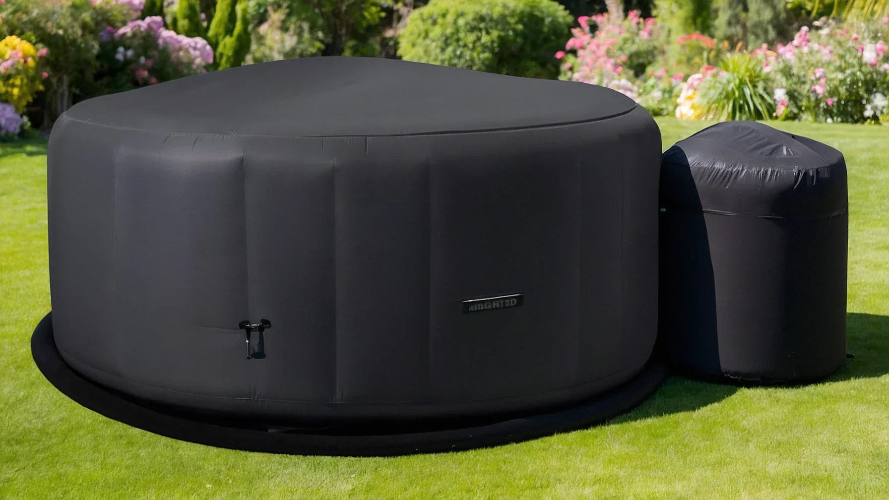 Inflatable black hot tub with pump on lawn for Lay Z Spa hot tub comfort