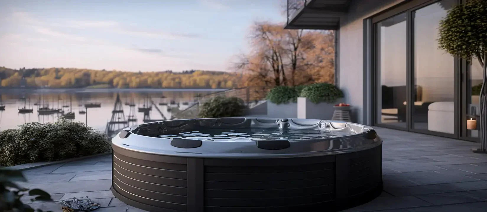 Hot tub on patio overlooking lake with boats, insulated covers for 26r m spa 27r l204r bp204r dc204