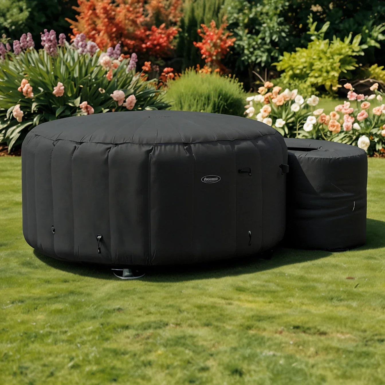 Inflatable black hot tub with attached side unit from Insulated Hot Tub Jackets collection