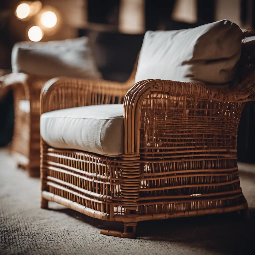 Wicker armchair with white cushions and curved rattan frame from Rattan Furniture Covers collection
