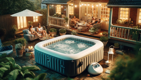 People enjoying an inflatable hot tub on a deck during setup in proper water chemistry conditions.