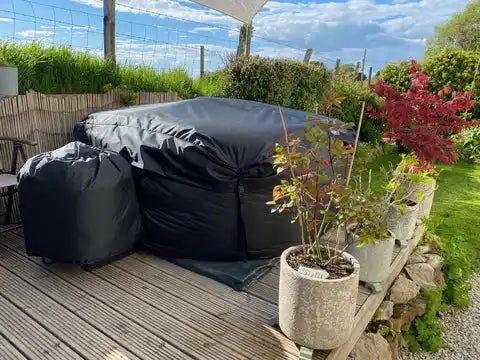 Covered hot tub and accessory.