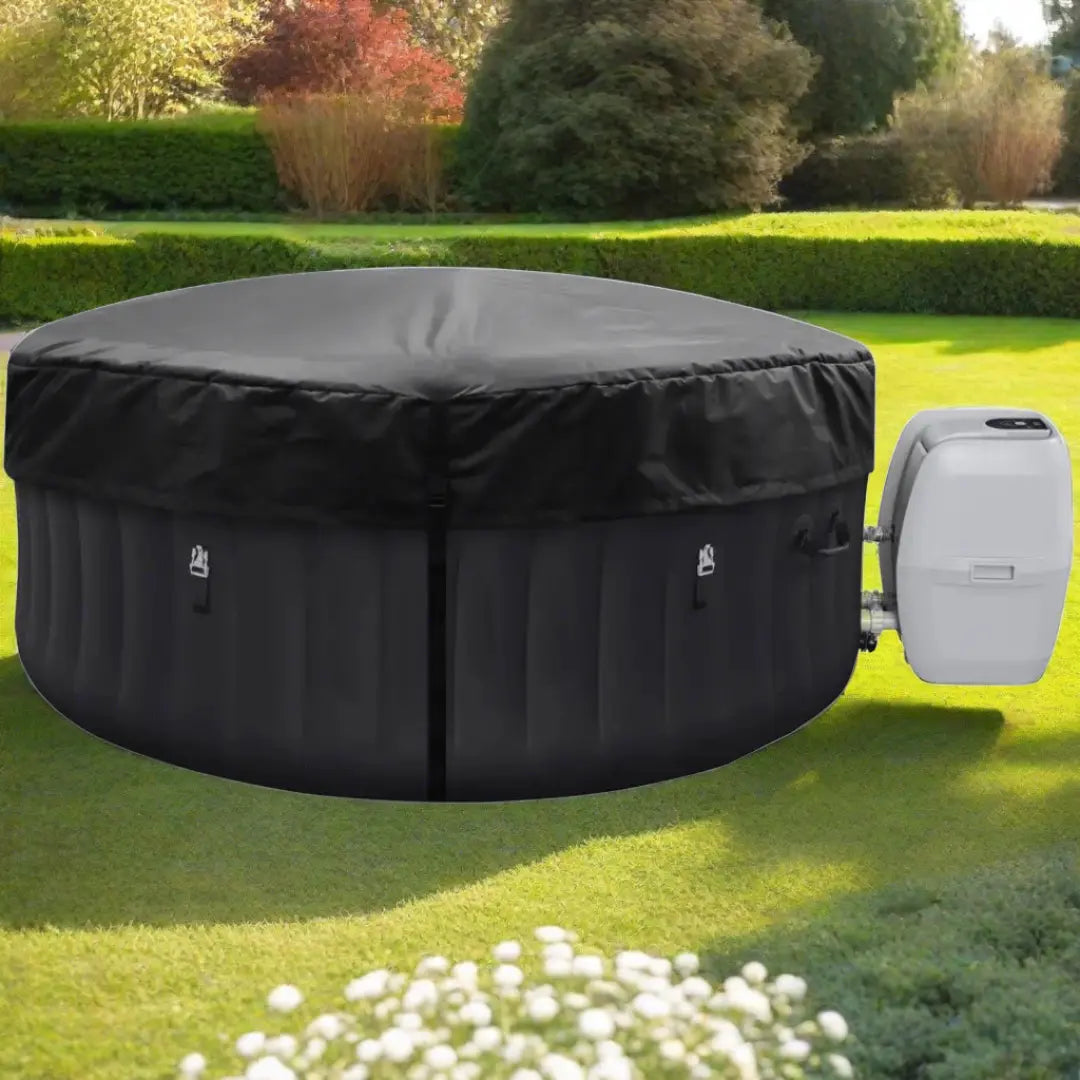 Black Round Inflatable Hot Tub With Insulation Lid In a Garden