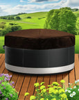 Circular Hot Tub With a Brown Thermal Cover On a Wooden Deck