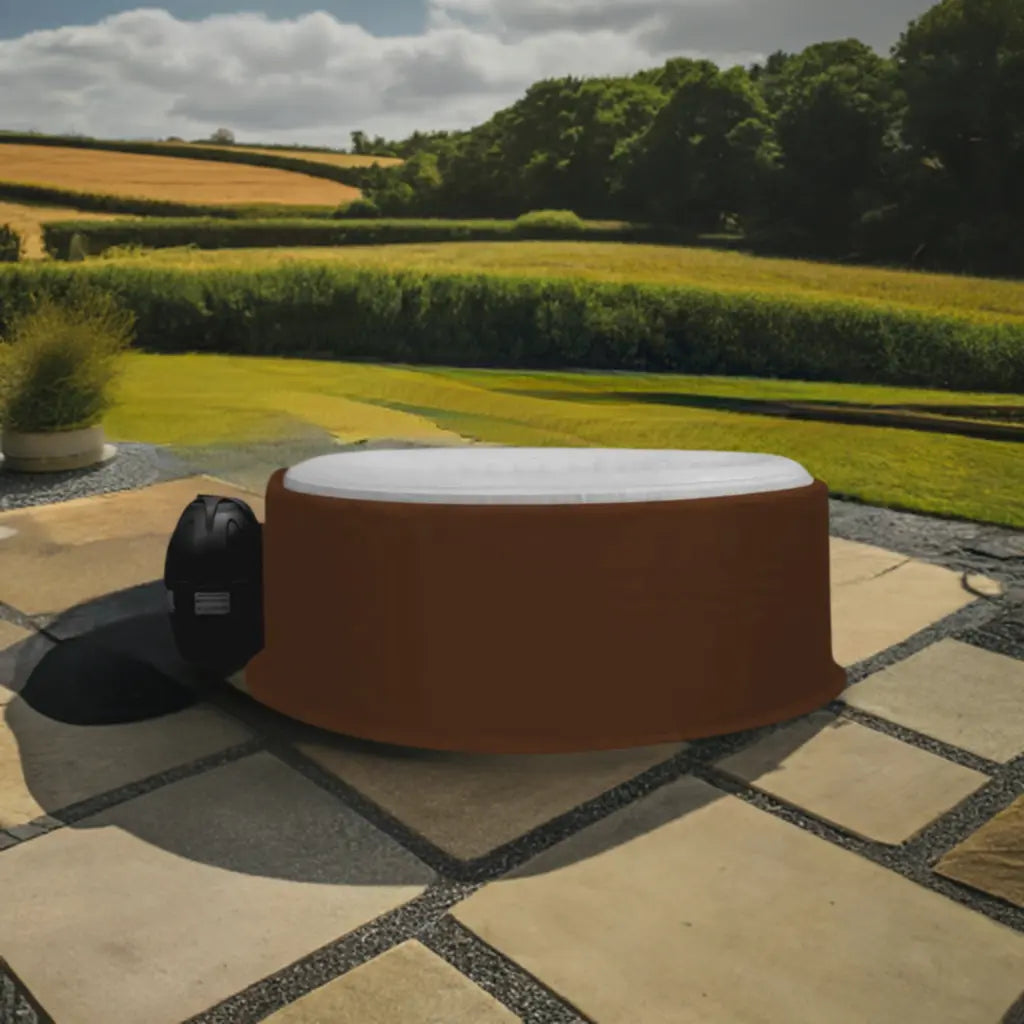 Round Hot Tub With White Interior On Patio, Shielded By Insulated Hot Tub Jacket For Cleverspa
