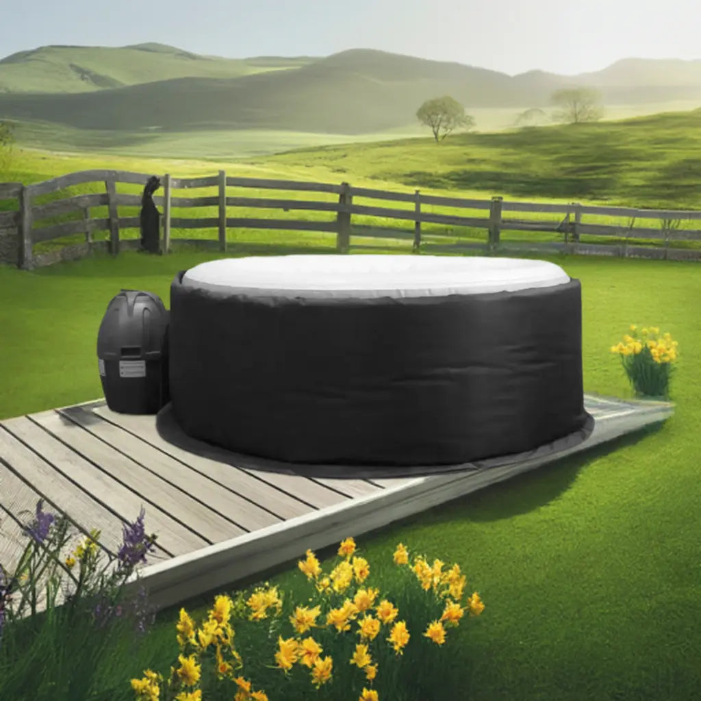Hot Tub On Wooden Deck In Field With Wave Spa’s Insulated Hot Tub Jacket For Wavespa