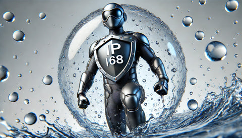 cartoon-style illustration of a superhero character in a sleek, impenetrable suit, standing confidently amidst a deluge of water. The water cascades around the figure without penetrating the suit, forming a protective bubble, and the superhero holds a shield emblazoned with "IP68."
