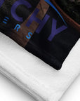 Cwtchy Covers Hot Tub Towel With Black Fabric Detail And Blue Text On White Cloth
