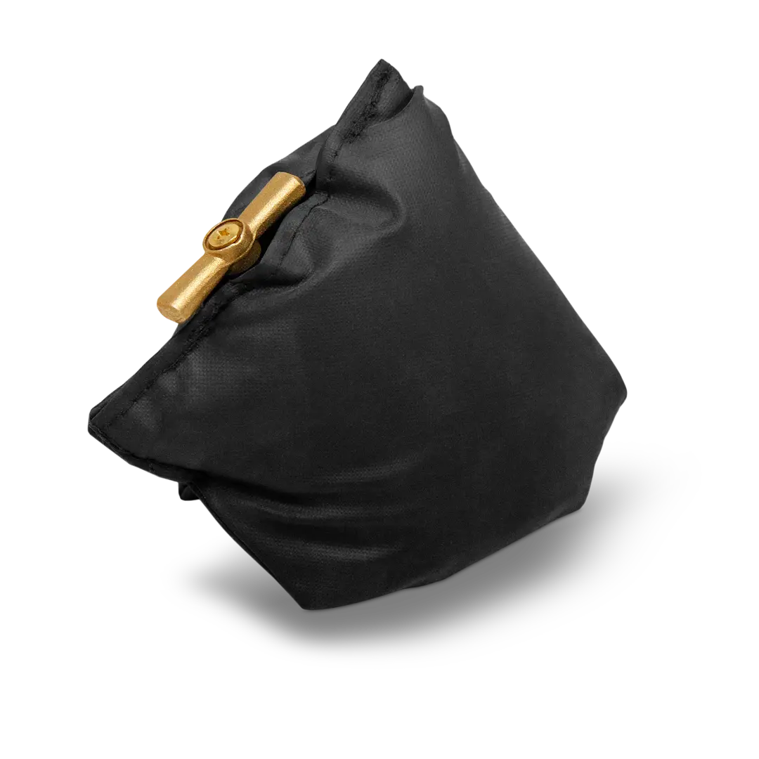 Black Fabric Pouch With a Gold Clasp As An Insulated Jacket For Garden Taps